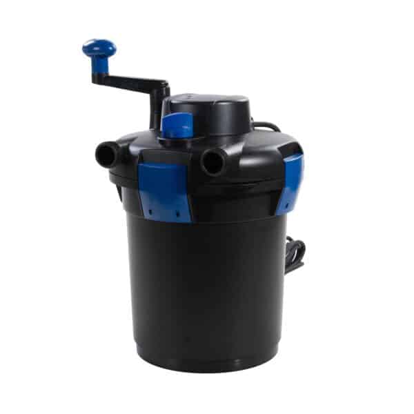 Das Bild zeigt einen AquaForte Beadfilter EB-Serie-Kanisterfilter für Aquarien mit einem blauen Griff und doppelten Einlass-/Auslassdüsen an der Oberseite, der für die externe Wasserfilterung konzipiert ist.