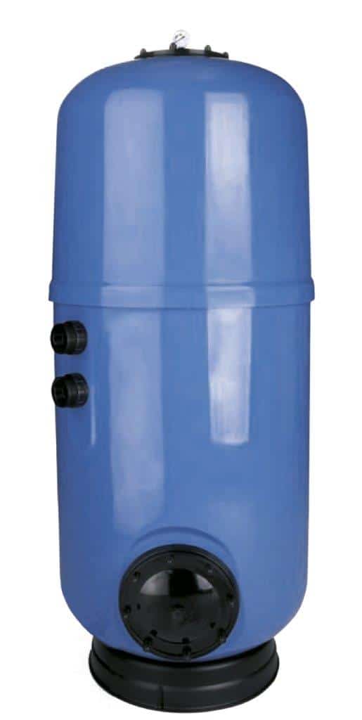 Das Intelligente Poolsteuerung VArio - Erweiterungsmodul DIN LIGHTS (Kopie) ist ein hoher, glänzend blauer zylindrischer Tank mit abgerundeter Oberseite und schwarzem Boden. Er verfügt über zwei seitliche Anschlüsse und einen größeren unteren Anschluss, alle in Schwarz.
