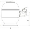 Technisches Diagramm der LISBOA SERIE 80 ALTO – 500 mm bis 900 mm (Kopie), ein zylindrischer Tank mit gewölbter Oberseite. Er umfasst eine Basis, die mit den Abmessungen A, B, C und D gekennzeichnet ist und an eine Rohrbaugruppe mit mehreren Ventilen auf der rechten Seite angeschlossen ist.